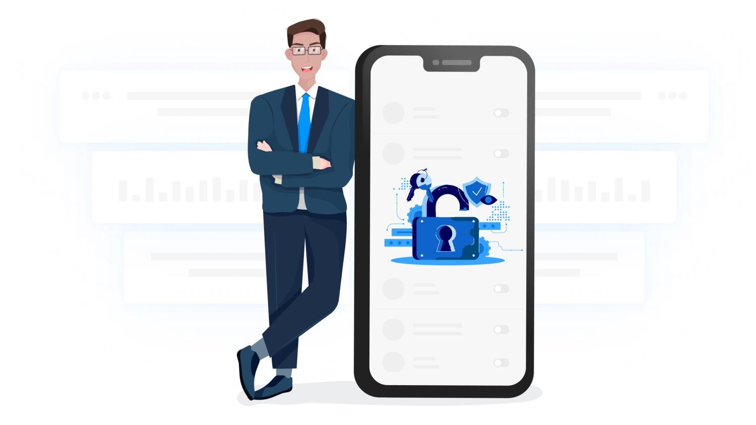 Businessman in suit standing next to smartphone screen displaying open padlock icon with key and security shield